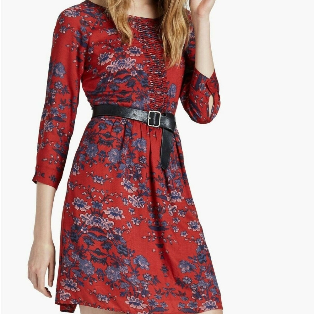Lucky Brand Red Floral Belted Fit-and-Flare Dress